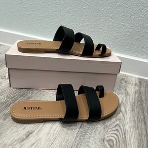 JustFab Toe Ring Sandals Black Strappy Slip On‎ Flats Beach Bum Size 10